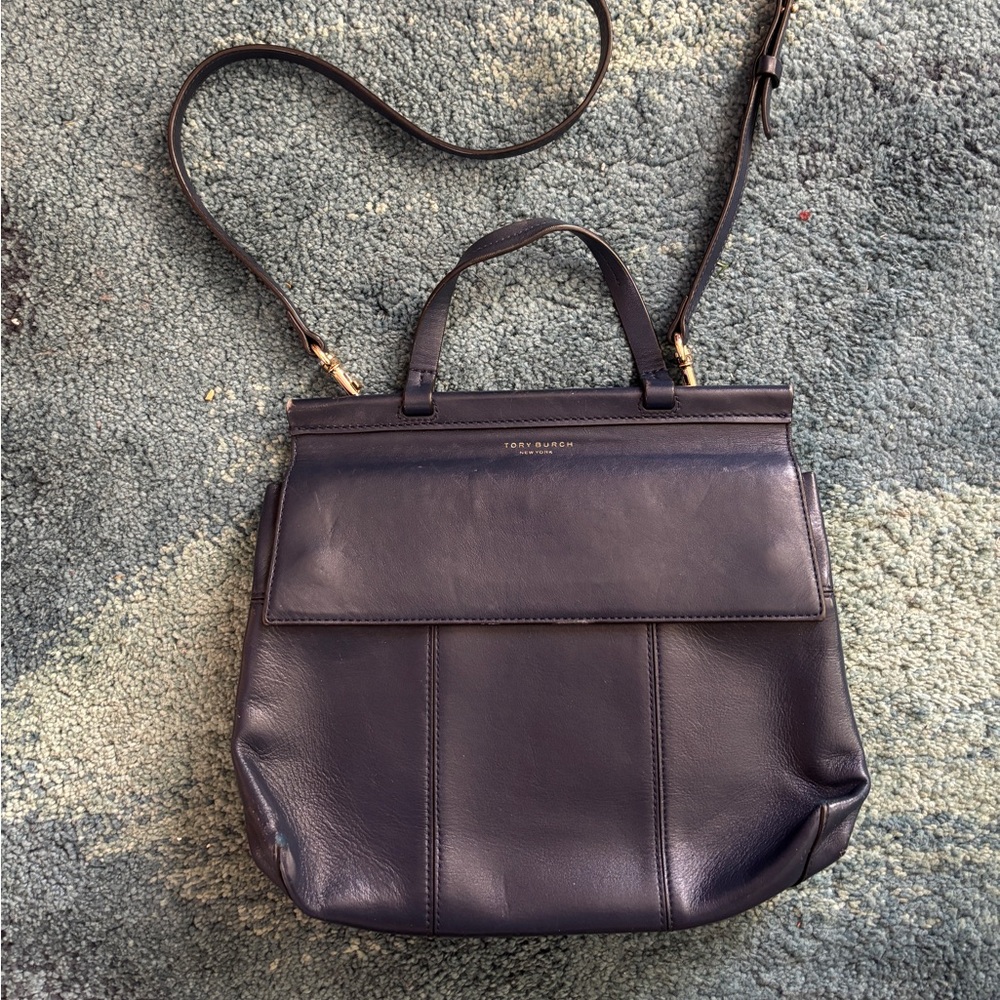 Tory Burch Navy Blue Smooth Leather Block T Satchel Bag with Crossbody Strap